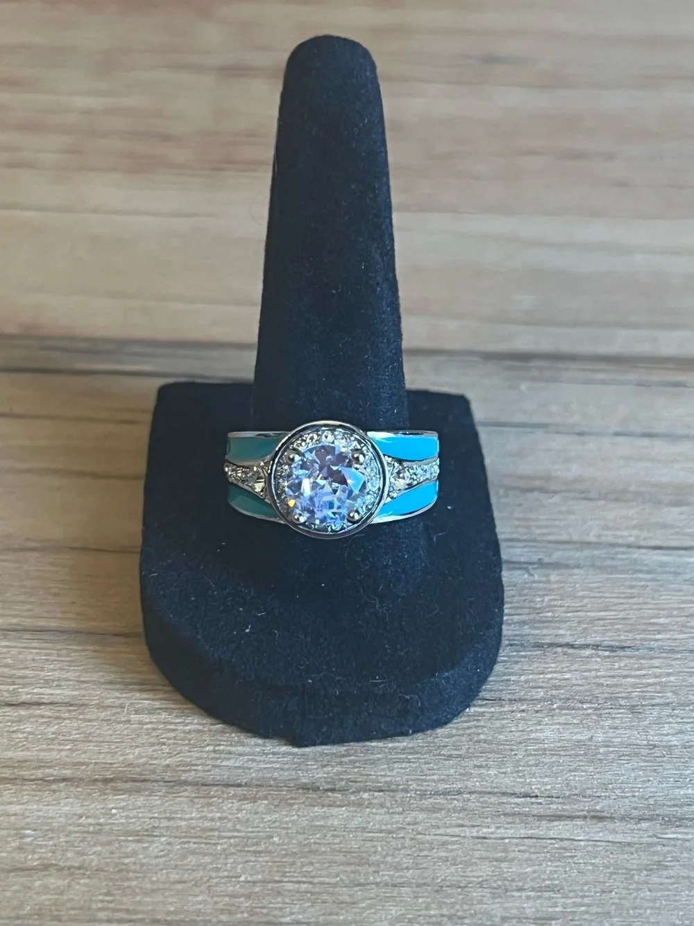 Turquoise Silver Tone Halo Ring With Cubic Zirconia Center Stone Size 9